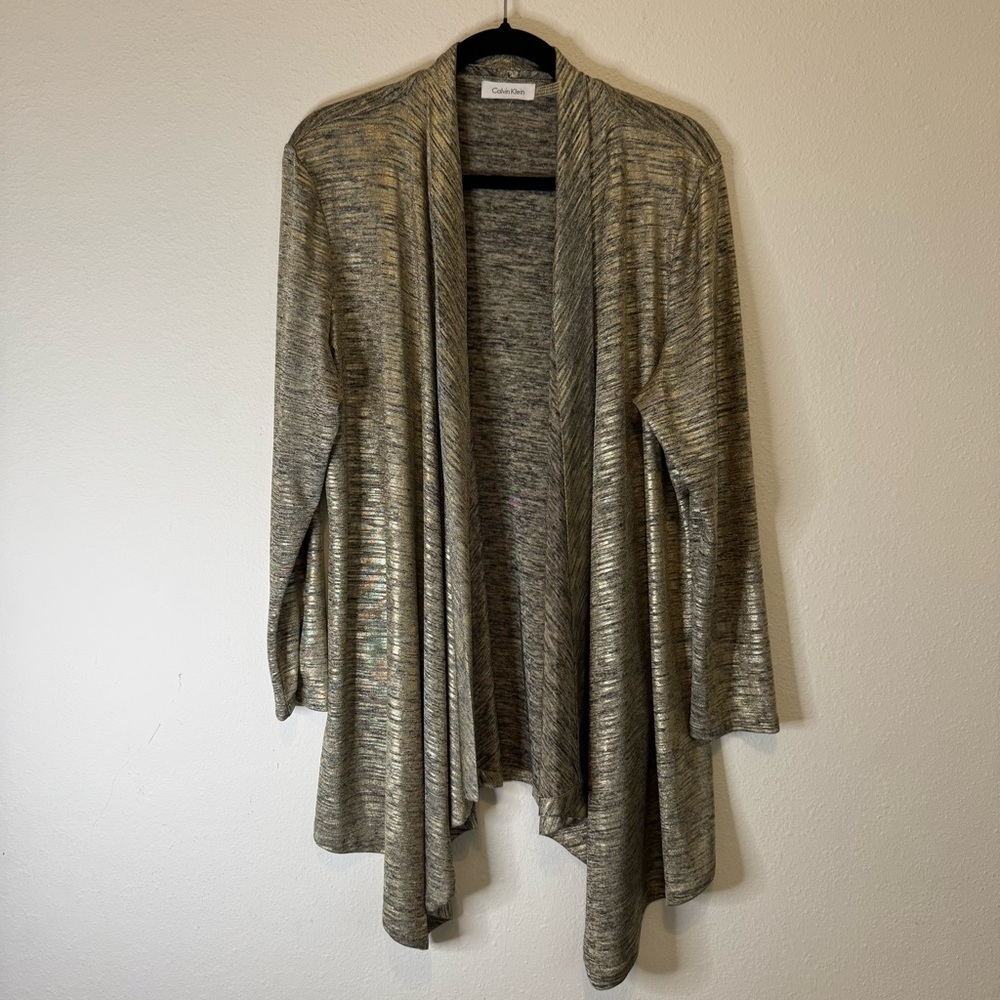 Calvin Klein Women's Open Front long sleeve Drape Cardigan 2X metallic Gold